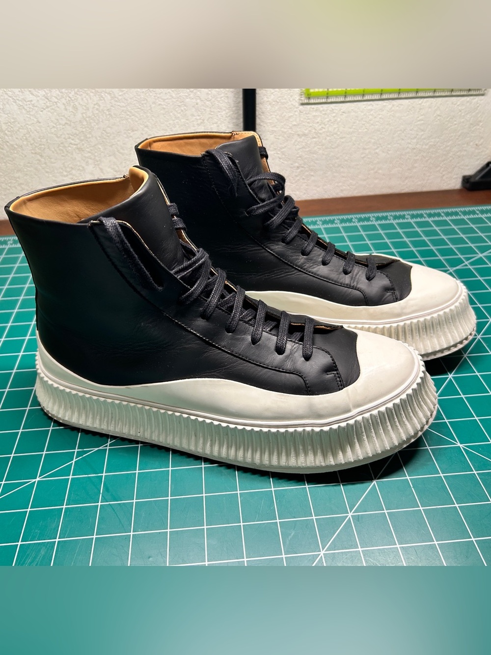 Jil Sander Black Leather High-Top Sneakers with White Ribbed Platform